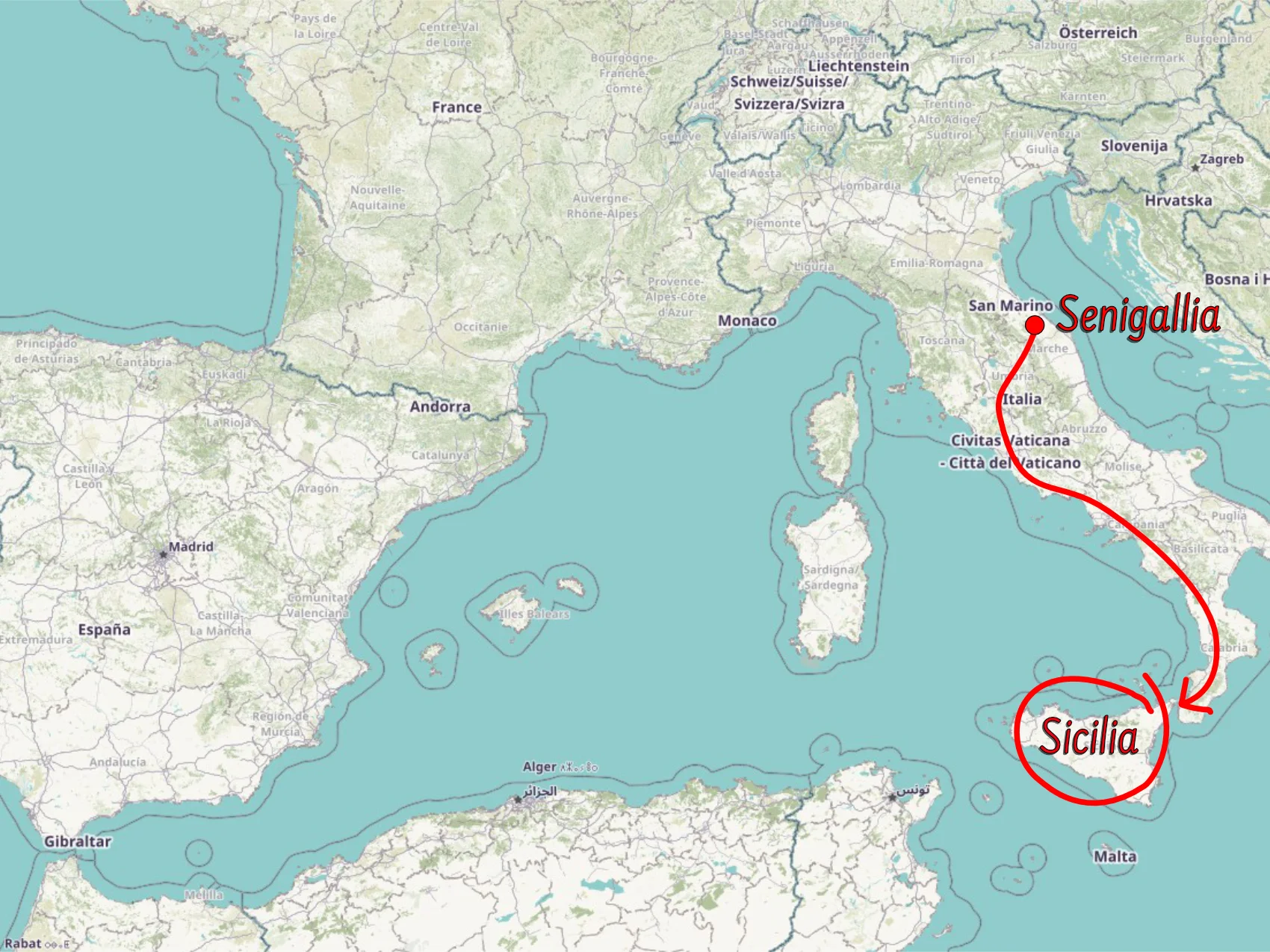 map of Italy with an arrow that goes from Senigallia (Marche region) towards Sicily